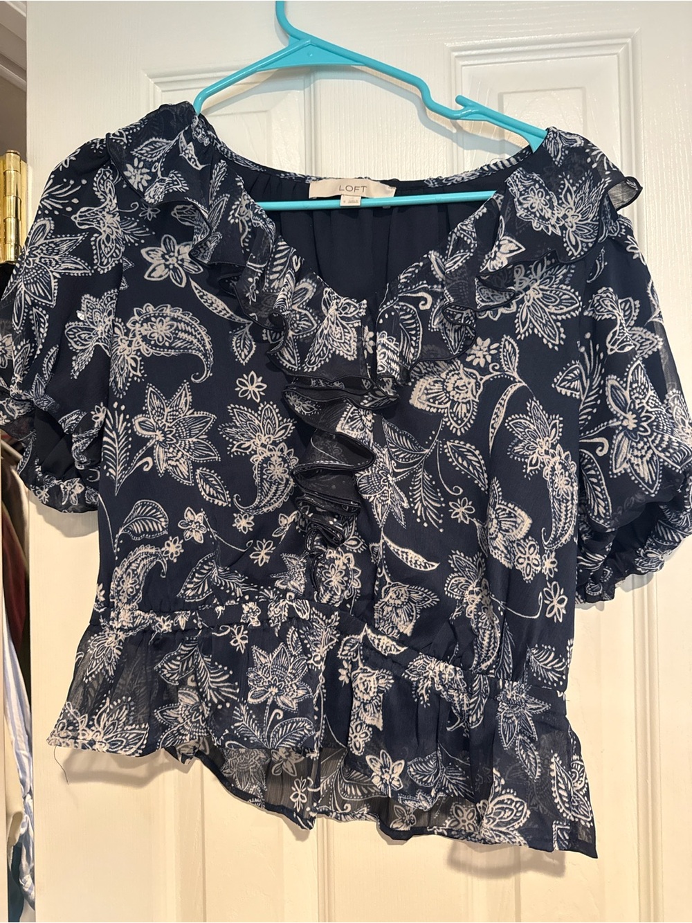 LOFT Navy Paisley Ruffle Short Sleeve Blouse